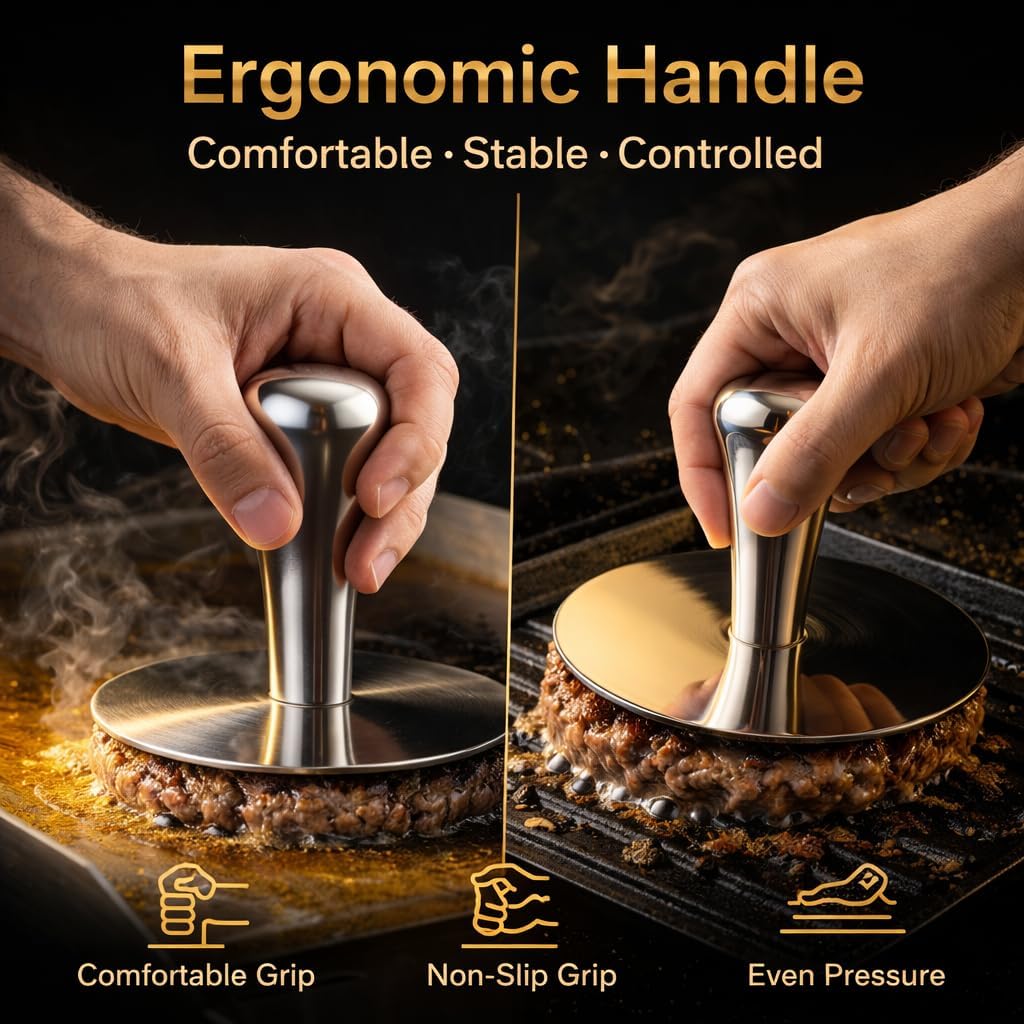 Premium Stainless Steel Smash Burger Press, Heavy Duty Burger Smasher with Ergonomic Handle, Large Press Surface, Easy to Clean, Perfect for Grill, Griddle & Everyday Cooking