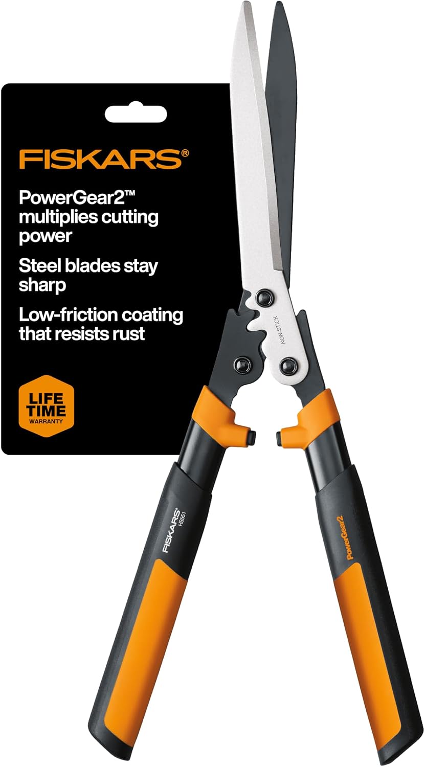 Fiskars 23" PowerGear2 Garden Hedge Shears, Hedge Clippers, 10" Blades | PowerGear2 Technology Multiplies Power for Less Effort, SoftGrip Handles and Shock-Absorbing Bumpers