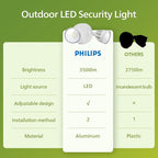 Philips 44W 3500LM ‌LED Security Flood Light‌ ‌Outdoor‌，Switch Controlled Aluminum ‌Security Light‌, 2 Adjustable Heads，5000K Daylight，Wet Location for Patio, Garden, Yard Lights