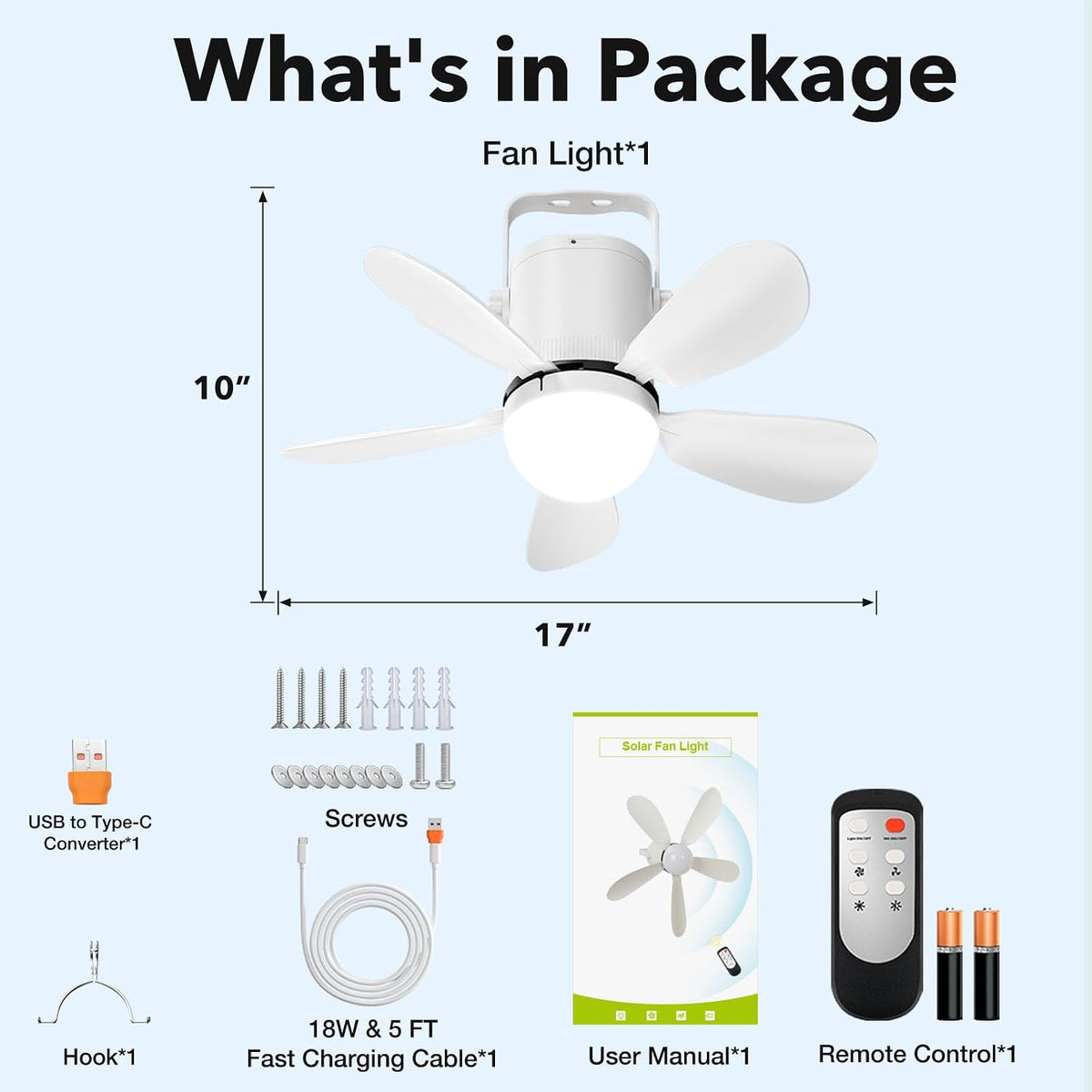 ceiling fan light, battery operated gazebo fan light, front angle view