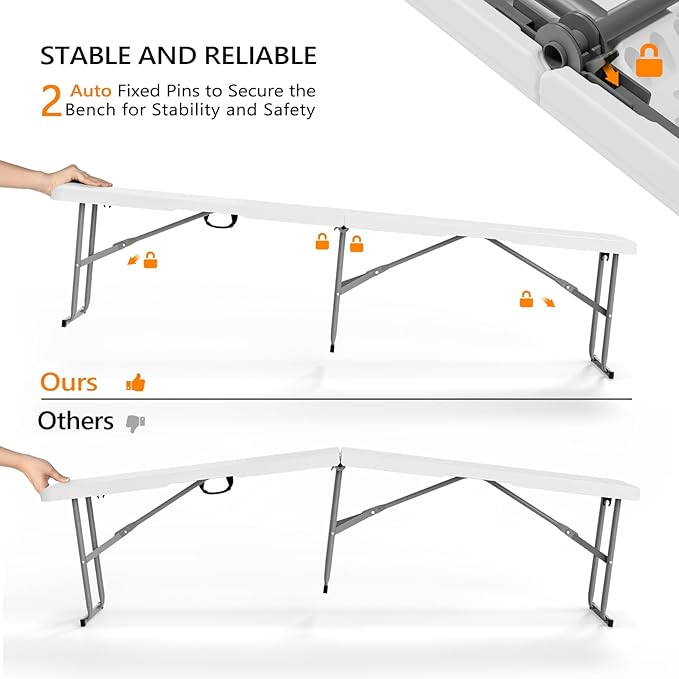 VINGLI 6 feet Plastic Folding Bench,Portable in/Outdoor Picnic Party Camping Dining Seat, Garden Soccer Multipurpose Entertaining Activities, Smooth HDPE Tabletop, 2 Pack, White