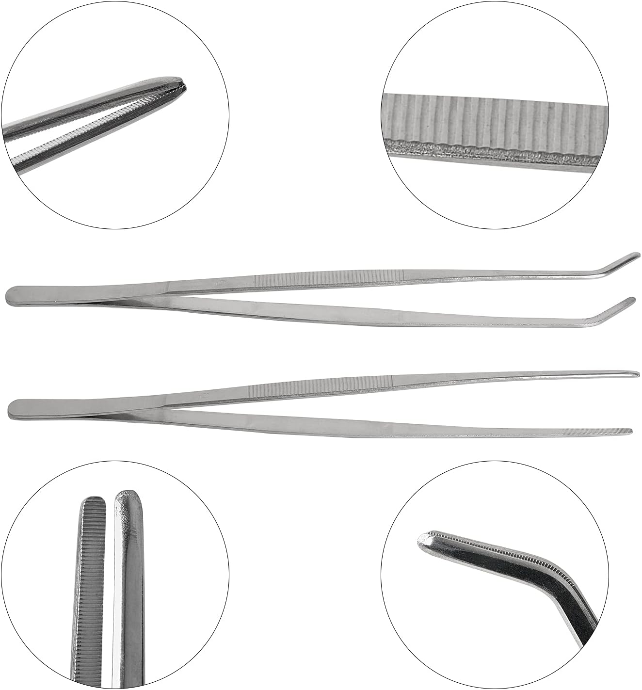 2 Pcs 12 Inch Long Handle Stainless Steel Straight and Curved Tweezers Nippers, Set with Serrated Tips Comfortable Ridged Handle for Garden, Kitchen, Indoors and Outdoors