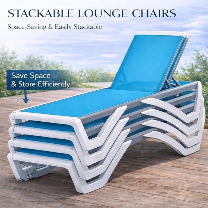 Kozyard Outdoor Chaise Lounge Chair, Full Flat Adjustable Patio Lounger with Aluminum Frame & Resin Legs, Textilene Fabric for Poolside, Backyard & Beach (Aqua/WhiteFrame, 2Chairs + Table)
