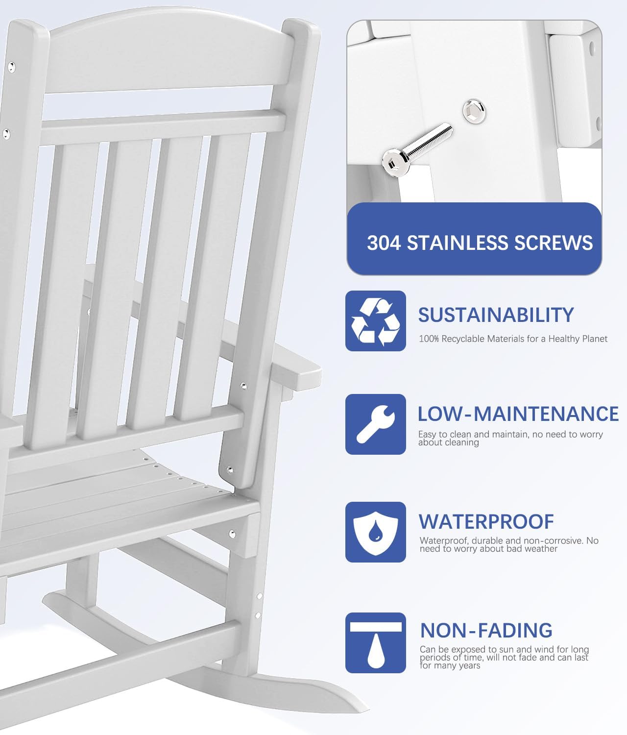Outdoor Rocking Chair Set of 3, Oversized Rocking Chair Outdoor | HDPE All Weather Resistant High Back Patio Rocker for Porch, Patio, Garden,350 lbs Capacity, White