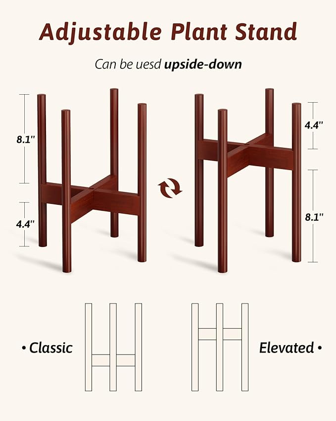 Adjustable Plant Stand Indoor, Bamboo Plant Stand Fits 8 9 10 11 12 Inches, Small Corner Planter Holder for Indoor Plants, Single Floor Plant Stands for Living Room Balcony, Reddish Brown