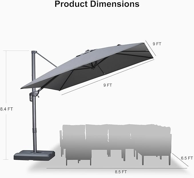 PURPLE LEAF Patio Umbrella 9' X 9' Rectangle Cantilever Umbrella Large Aluminum Outdoor Umbrellas with 360-degree Rotation & UPF40+ Premium Fabric for Deck Pool Garden Yard, Mist Grey