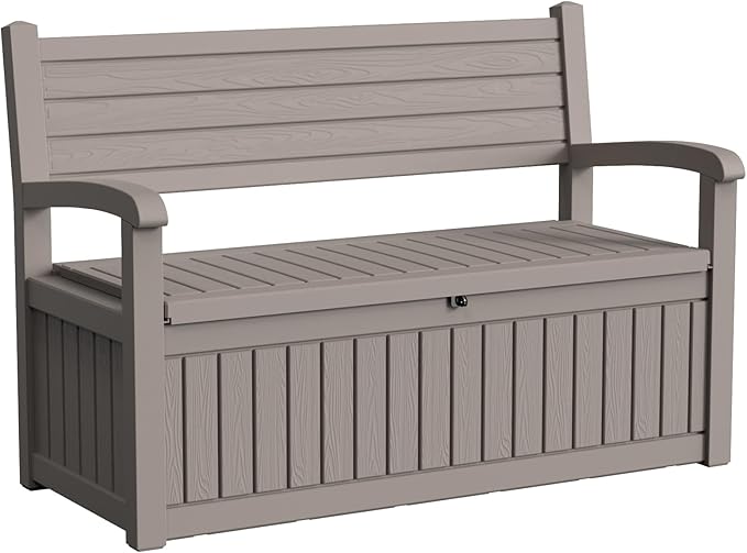 80 Gallon Outdoor Storage Bench Deck Box Waterproof Lockable,Outdoor Storage Furniture for Patio,Garden and Porch,Tools and Cushions（Grey Stripe）