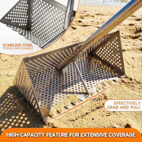 sand flea rake with beach mesh shovel, detachable showing dimensions