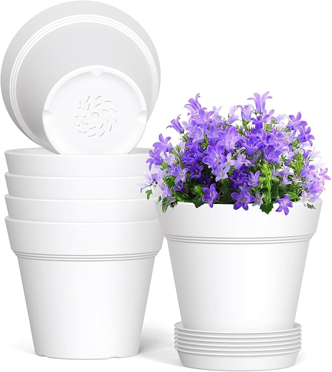 6 Inch Thick Plastic Plant Pots with Drainage Holes and Trays – 6 Pack Nursery Pots for Indoor & Outdoor House Plants, Seedling Starter Planters for Garden Flowers, White