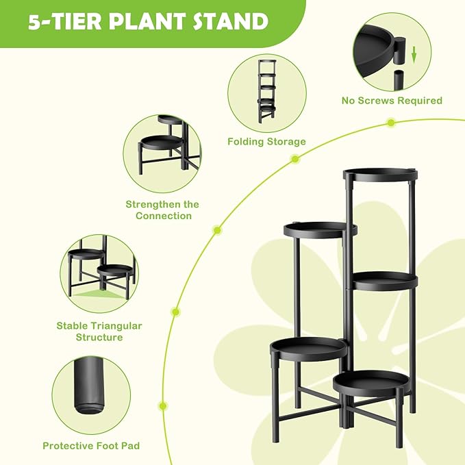 5 Tier Heavy Duty Metal Plant Stand for Indoor & Outdoor Use, Foldable Tall Corner Plant Shelf, Black Flower Pot Holder & Display Rack for Living Room, Balcony, Garden, & Patio