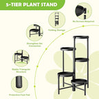 5 Tier Heavy Duty Metal Plant Stand for Indoor & Outdoor Use, Foldable Tall Corner Plant Shelf, Black Flower Pot Holder & Display Rack for Living Room, Balcony, Garden, & Patio