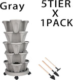 GameXcel Vertical Planter 5 Tier Stackable Planters Garden Planters Strawberry Herb Flower and Vegetable Planter Indoor Outdoor Gardening Pots with Removable Wheels and Tools