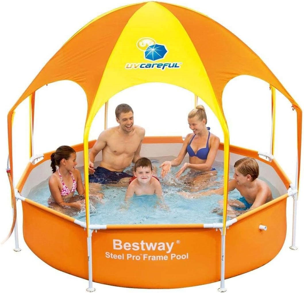 Bestway 56543E Splash in Shade 8 Foot x 20 Inch Outdoor Family Kids Spray Play Swimming Pool and Canopy with Water Sprayer