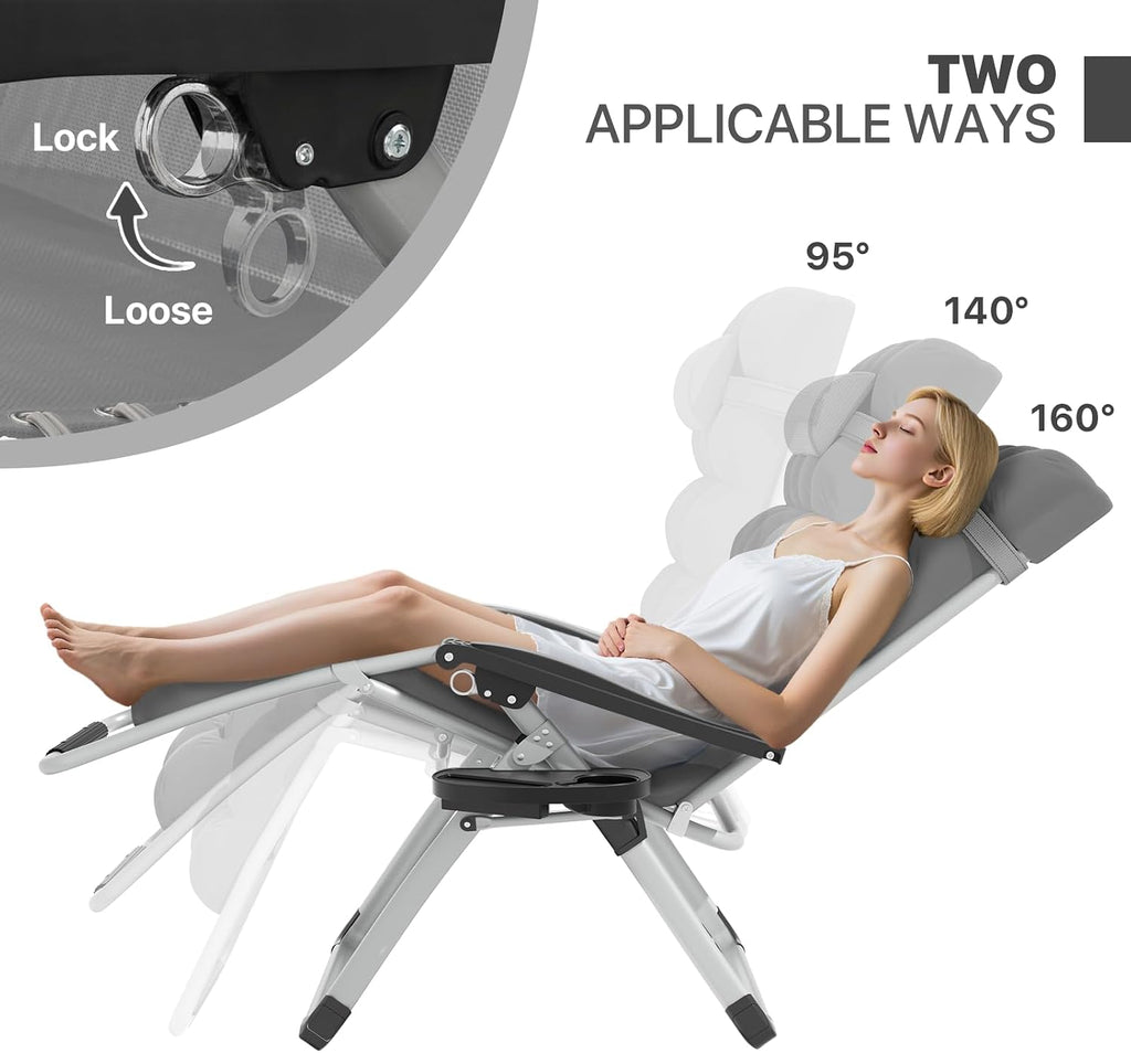 Magshion Zero Gravity Reclining Patio Camping Lounge Chair, Grey | w/Removable Cushion, Side Tray & Cup Holder, Adjustable Folding Anti Gravity Recliner for Indoor and Outdoor