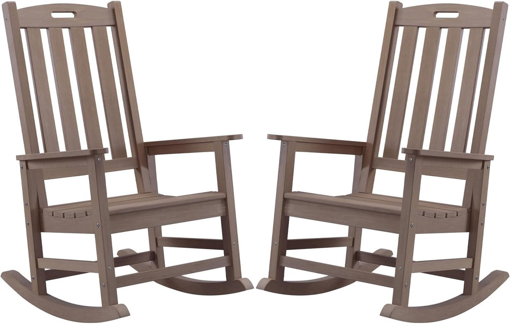 Outdoor Rocking Chairs Set of 2, Oversized Porch Rocker (Brown) | Weather Resistant Rocking Chairs with High Back, Heavy-Duty Large Patio Rocker with 350lbs Weight Capacity for Adult