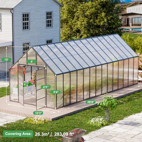 cdcasa 28x10x10 ft polycarbonate greenhouse for outdoors w/6, front angle view