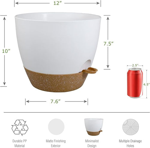 12inch 2Pack Large Self Watering Planters, Plastic Plant Pots with 60oZ Removable Deep Reservoir and Multi Mesh Drainage Holes for Indoor Outdoor Garden Plants and Flowers, White with Brown