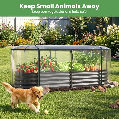 giantex raised garden bed w/greenhouse cover, outdoor oval, close-up detail