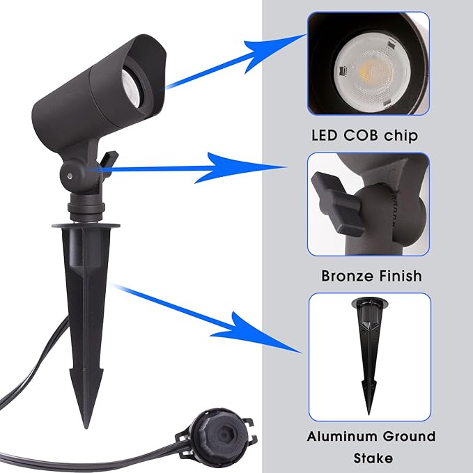 E ENERGETIC LIGHTING LED Landscape Lights with Connectors, 12V Low Voltage, Warm White 3000k, 4W, 175LM, Outdoor Waterproof Garden Pathway Lights Wall Tree Flag Spotlights with Spike Stand, 2 Pack