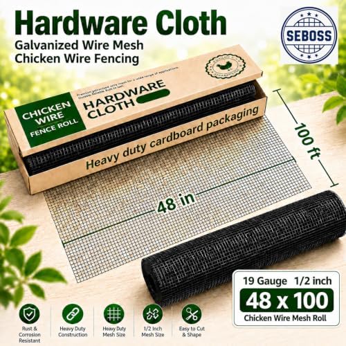 Hardware Cloth 1/2 inch Chicken Wire Fencing 48 x 100 Ft 19-Gauge | Black Vinyl Coated Wire Mesh Roll, Garden Fencing, Welded Wire Fence Roll, Wire Mesh Fencing, Rabbit Wire and Rodeng Wire