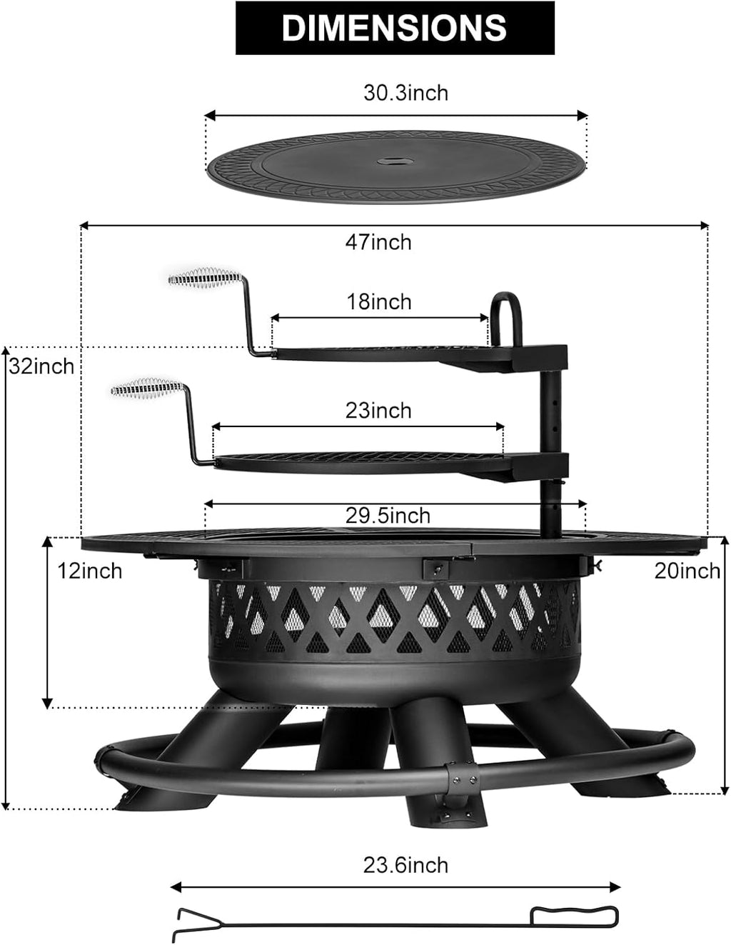 panovue 47 inch outdoor wood burning fire pit, front angle view