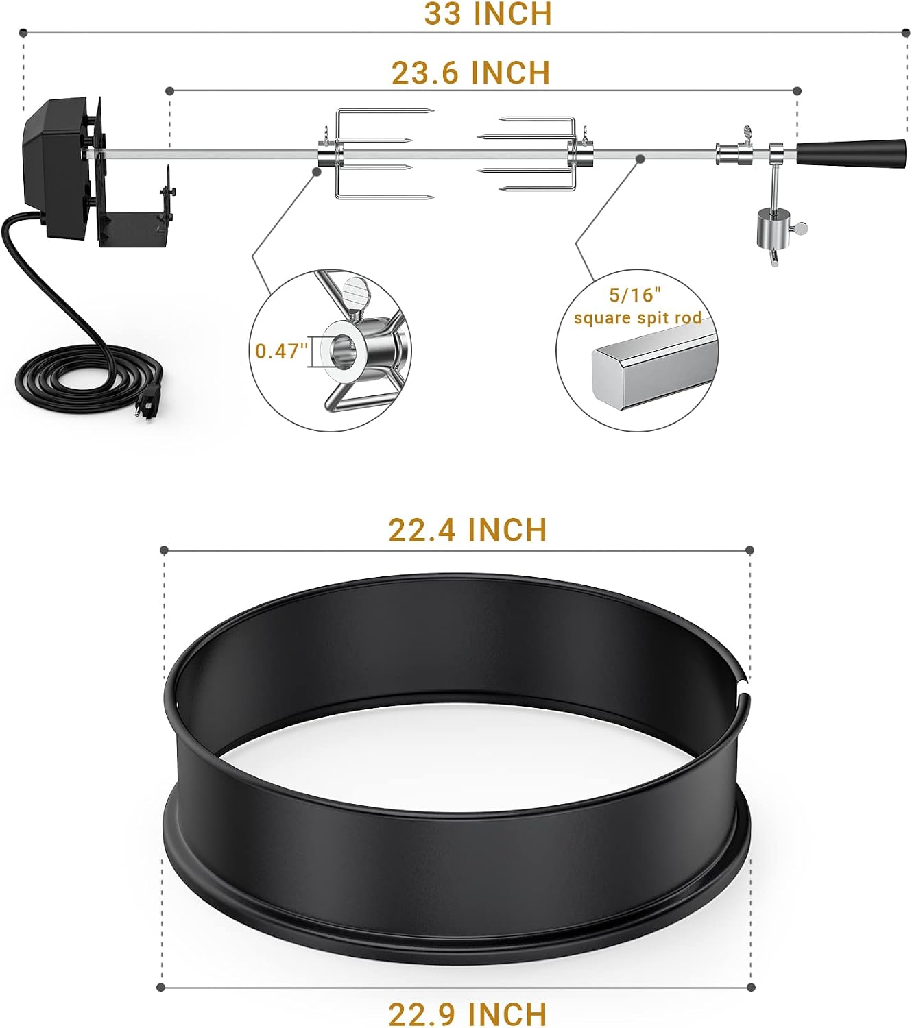 onlyfire Black Coated Steel Charcoal Kettle Rotisserie Ring Kit | Fits for Weber 22" Kettle Grills and Other Similar Grills, Turns Your Kettle Into A Chicken Roaster