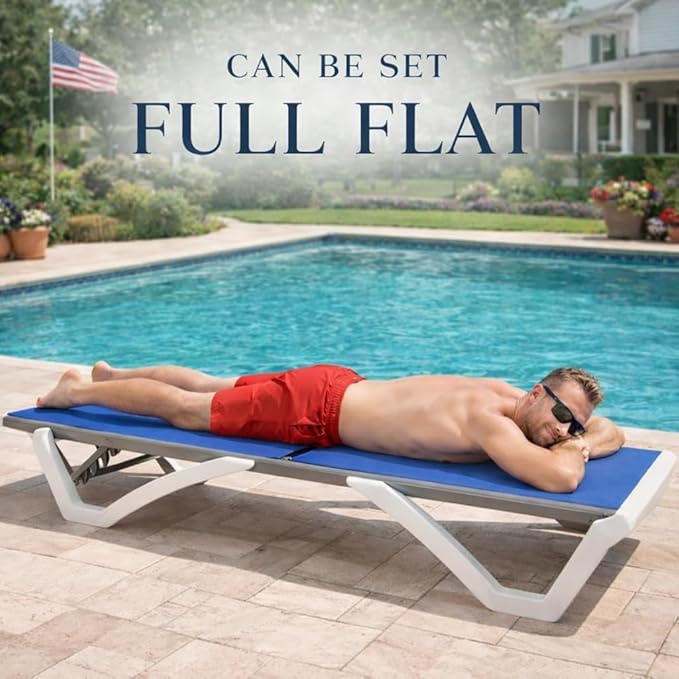 Kozyard Outdoor Chaise Lounge Chair, Full Flat Adjustable Patio Lounger with Aluminum Frame & Resin Legs, Textilene Fabric for Poolside, Backyard & Beach (NavyBlue, 2Chairs with Table)