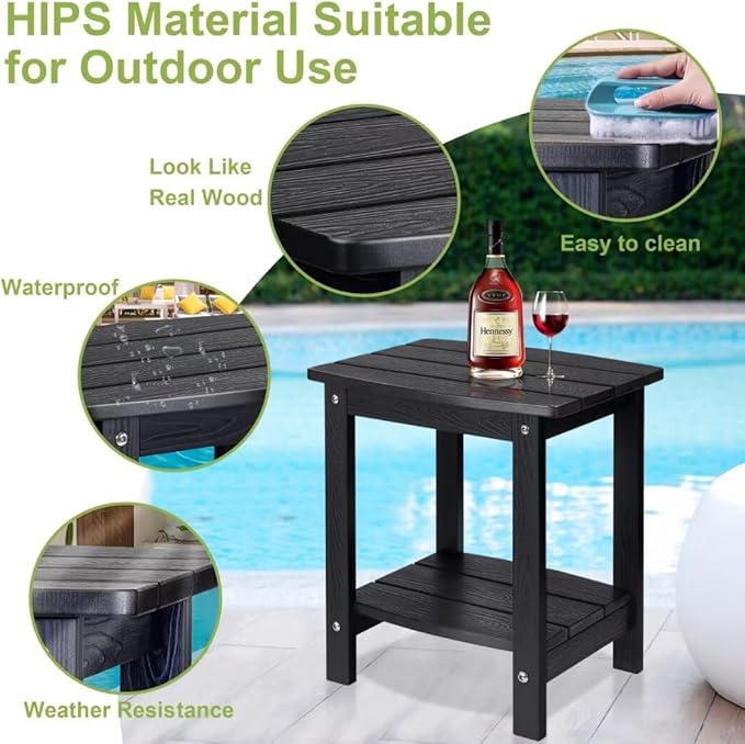 Y&M Outdoor Side Table, HIPS Adirondack Small Double Layer Table, Waterproof Square Outside Table, Balcony Modern End Tables for Patio, Pool, Beach, Porch, Deck, Indoor or Outdoor Use, Black
