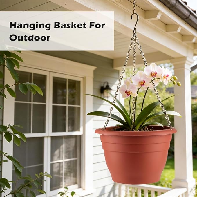 Hanging Planters 11 Inch, 3 Pcs Flower Pots with Drainage Hole, Self Watering Hanging Basket for Indoor Outdoor Plants, Decor, Pottery Red