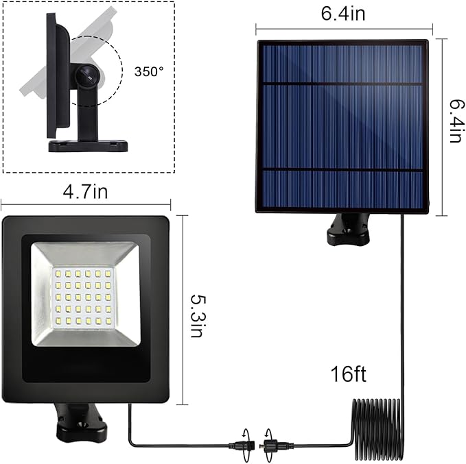 Solar Flood Lights Outdoor with 16FT Cable Dusk to Dawn 4400mAh LED Solar Spot Light Waterproof 3000K for Outside, Porch, Barn, Flag Pole, Warm White 2 Pack
