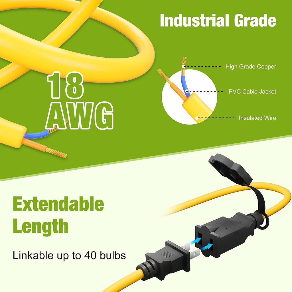 100FT LED Construction String Lights 130W 16000LM Industrial String Work Lights, 2Prong,IP65 Waterproof 18AWG Wire 5000K Super Bright for Construction Sites Temporary Work Jobsites Outdoor Lighting