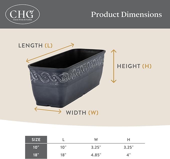 Classic Home and Garden Corinthian Rectangular Planter Box w/Drain Plug - Small Succulent Pots - Shallow Trough Planter for Indoor/Outdoor (10” Storm Gray, Pack of 1)