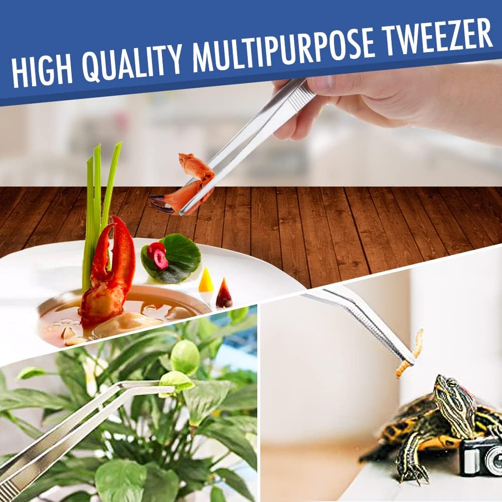 2 Pcs Straight and Curved Tip Tweezers 12 Inch, Stainless Steel Precision Tweezers Set with Serrated Tips Comfortable Ridged Handle, Tweezer Tongs for Cooking Repairing with Essential Tweezer Ebook | Stainless Steel Food Tweezers Set, Professional