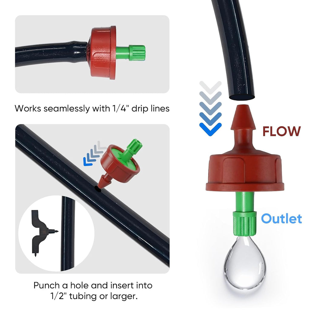 0.25 GPH Pressure Compensating Drippers for 1/4" Tubing, 30pcs | Self-Cleaning Prevents Clogs for Hassle-Free Garden Watering - Constant Flow Ensures Even Coverage Across 1/4" Tubing