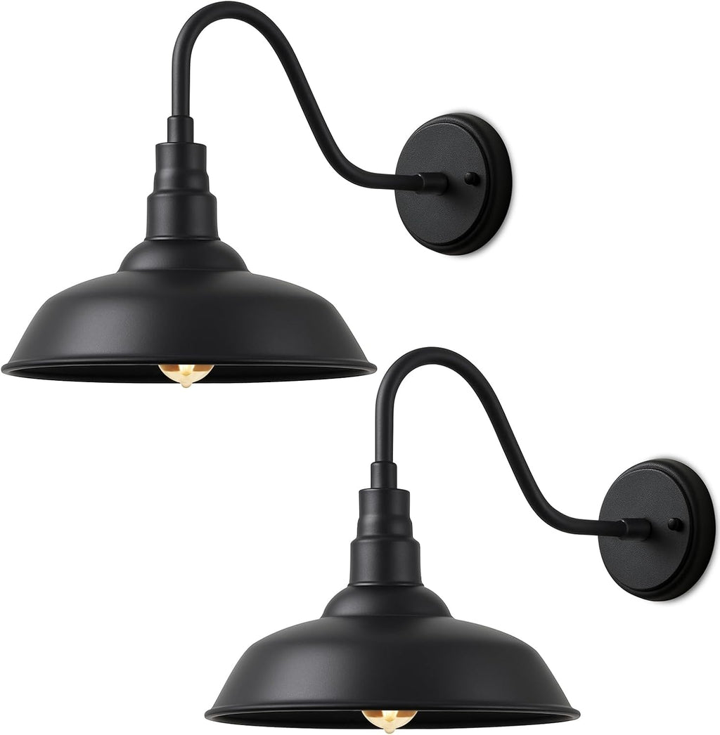 10" Outdoor Gooseneck Barn Light, Black Industrial Farmhouse Outdoor Wall Light Fixture, Suitable for Garages, Porches, Sheds, and Barns, 2-Pack