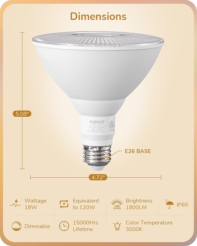 EDISHINE PAR38 LED Outdoor Flood Light Bulbs 2 Pack, 120W Equivalent Dimmable Waterproof LED Flood Light Bulb 3000K Warm Light 18W 1800LM E26 Base for Yard Porch Driveway Garage Christmas, ETL Listed