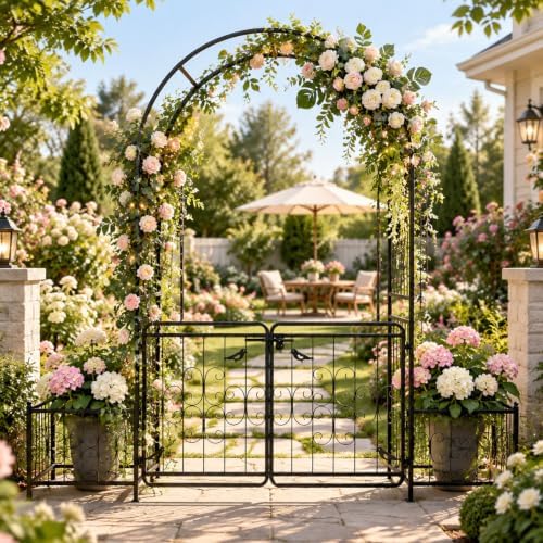 vingli garden arbor arch with gate and planter, front angle view