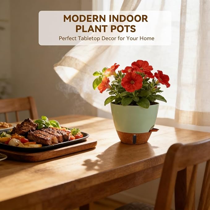 7/6.5/6/5.5/5 Inch Self Watering Pots, Plastic Flower Pots with Multi Mesh Drainage Holes and Deep Reservoir for Indoor Outdoor Garden Plants and Flowers (Green, 5/5.5/6/6.5/7)