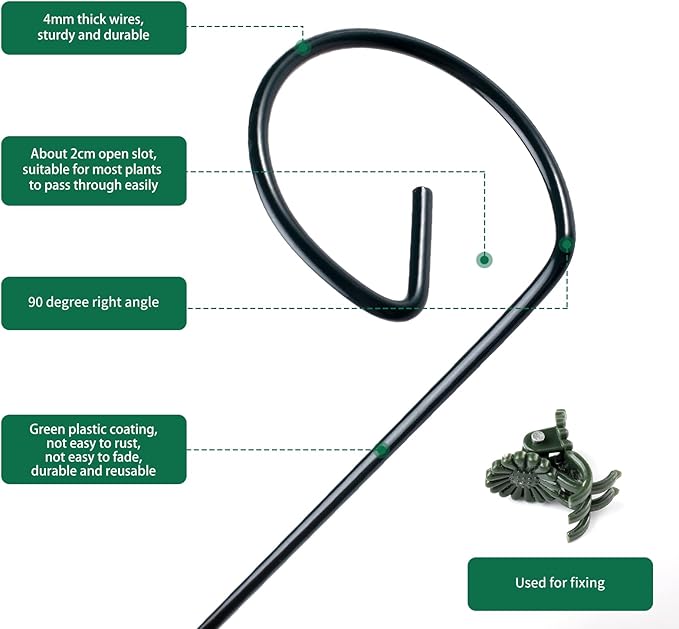 12 Pack Plant Support Stakes with 24 Pcs Plant Clips, Garden Single Stem Support Stake, Plant Cage Support Ring for Indoor Outdoor Flowers Rose Amaryllis Tomatoes Peony Lily Orchid (16 Inch)