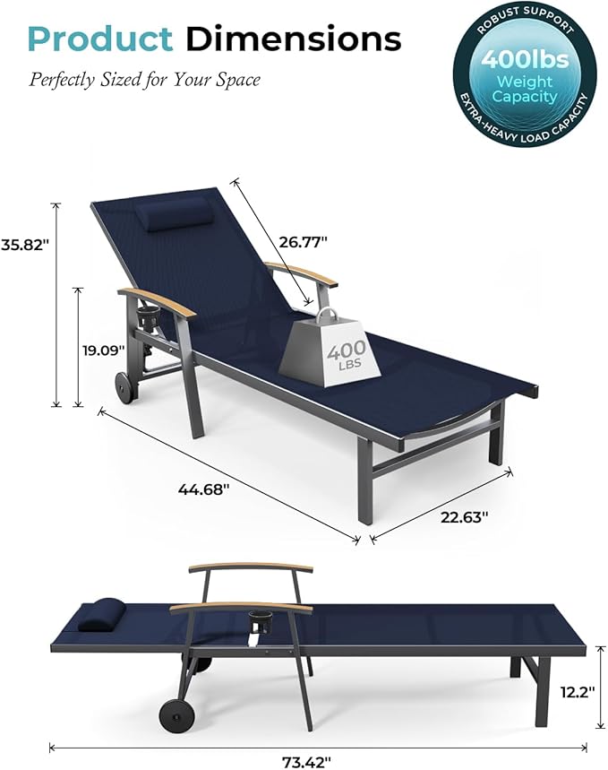 Ciokea Outdoor Lounge Chair with Pillow Set of 2, 5-Position Aluminum Chaise Lounge with Wheels & Armrests, 400 lbs Heavy Duty Patio Pool Chair for Backyard, Deck, Beach & Poolside, Navy Blue