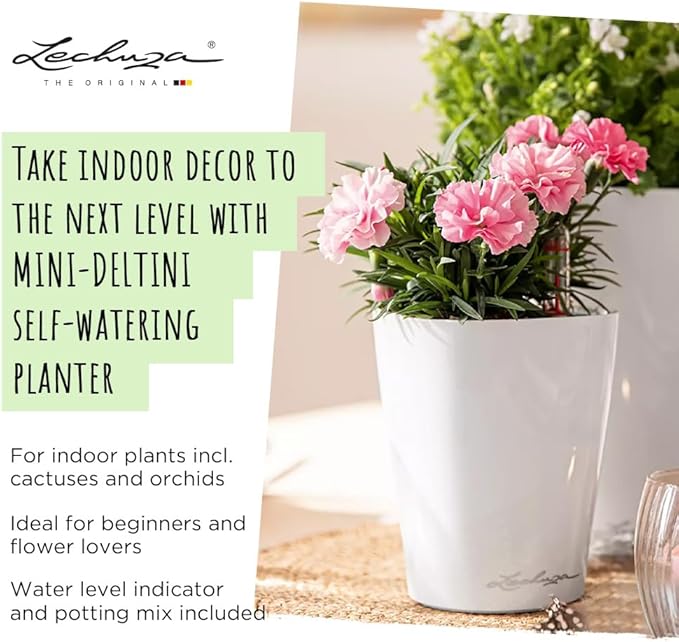 Lechuza MINI-DELTINI Cream White High Gloss, Self-Watering Small Indoor Planter, H5.1 L3.9 W3.9, 0.4L in
