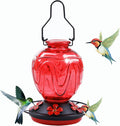 Glass Hummingbird Feeder for Outdoors Hanging, 24Ozs Humming Bird Nectar Feeder w/Perch, 5 Flower Feeding Ports, Leak Proof Base and Hook for Outside Garden Backyard Decor, Gifts for Women Mom, Red