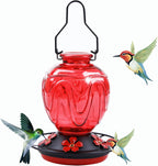 Glass Hummingbird Feeder for Outdoors Hanging, 24Ozs Humming Bird Nectar Feeder w/Perch, 5 Flower Feeding Ports, Leak Proof Base and Hook for Outside Garden Backyard Decor, Gifts for Women Mom, Red