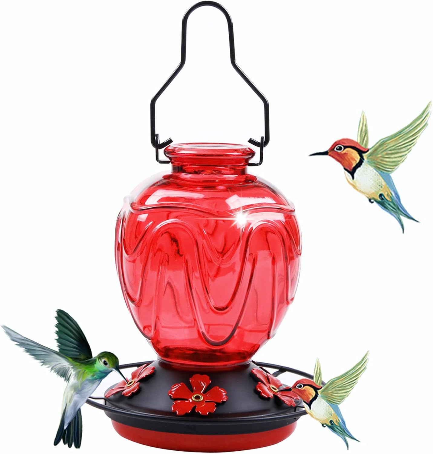 Glass Hummingbird Feeder for Outdoors Hanging, 24Ozs Humming Bird Nectar Feeder w/Perch, 5 Flower Feeding Ports, Leak Proof Base and Hook for Outside Garden Backyard Decor, Gifts for Women Mom, Red
