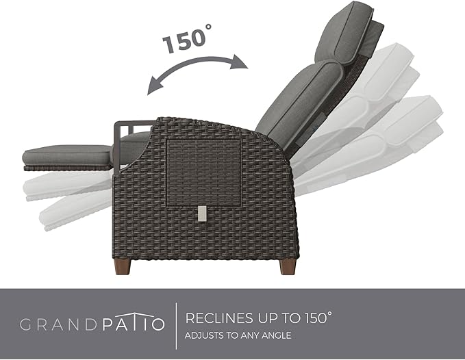 Grand patio Outdoor Recliner with Independent Adjustable Back and Footrest, Air Pump 150° Lay Flat Reclining Chair Removable Olefin Cushion Flip-Up Table Wicker Grey 1PC