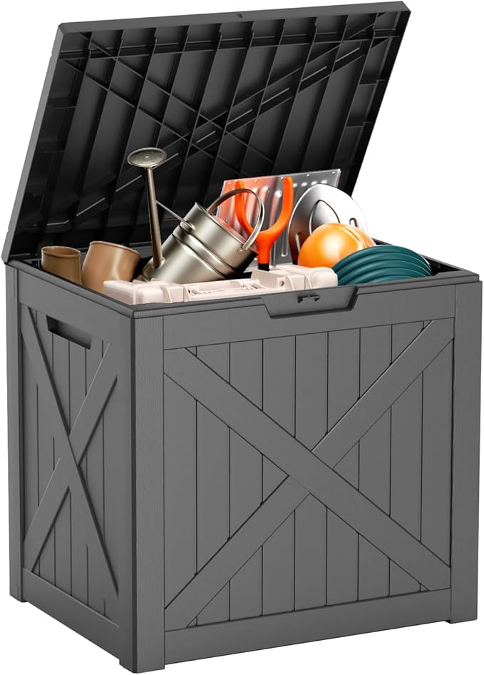 DRATO 32 Gallon Deck Box X pattern, Outdoor Storage Box for Patio Cushion, Garden Tools,Waterproof Patio Storage box, Lockable（Black，32 Gallon）