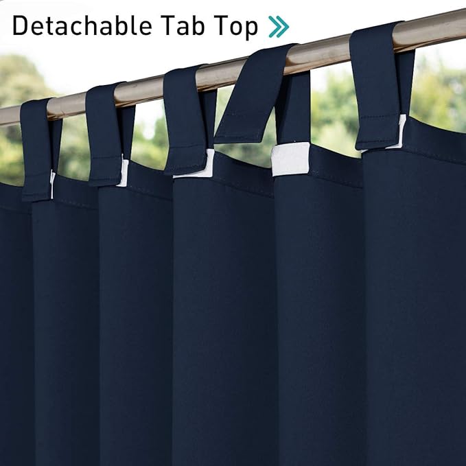 NICETOWN 2 Panels Patio Door Navy Blue Curtainss Waterproof 95" Length, 84" Wide, Thermal Insulated Self-Sticky Detachable Top Blackout Sunlight Reducing Outdoor Indoor Window Drapes for Porch