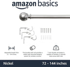 Amazon Basics Easy Installation Adjustable Curtain Rod for Windows with Round Finials, 1-Inch Rod, 72" to 144", Nickel, 2-Pack