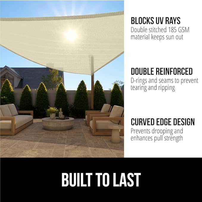 GORILLA GRIP Heavy Duty Sun Shade, UV Protection Fade Tear and Rust Resistant Triangle Sunshade Canopy, Curved Edges Blocks Sunlight, Breathable Sail, Outdoor Patio, Lawn Garden Butter Cream