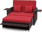 LDAILY Moccha Outdoor Daybed, Wicker Loveseat Sofa Set with 4-Postion Adjustable Backrest, Storage Ottoman, Cushions, Rattan Double Bed Lounger, Patio Furniture Set (Red)